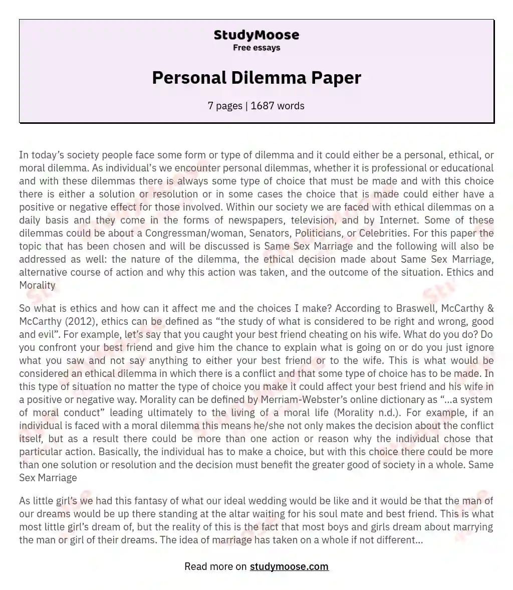 Personal Dilemma Paper essay