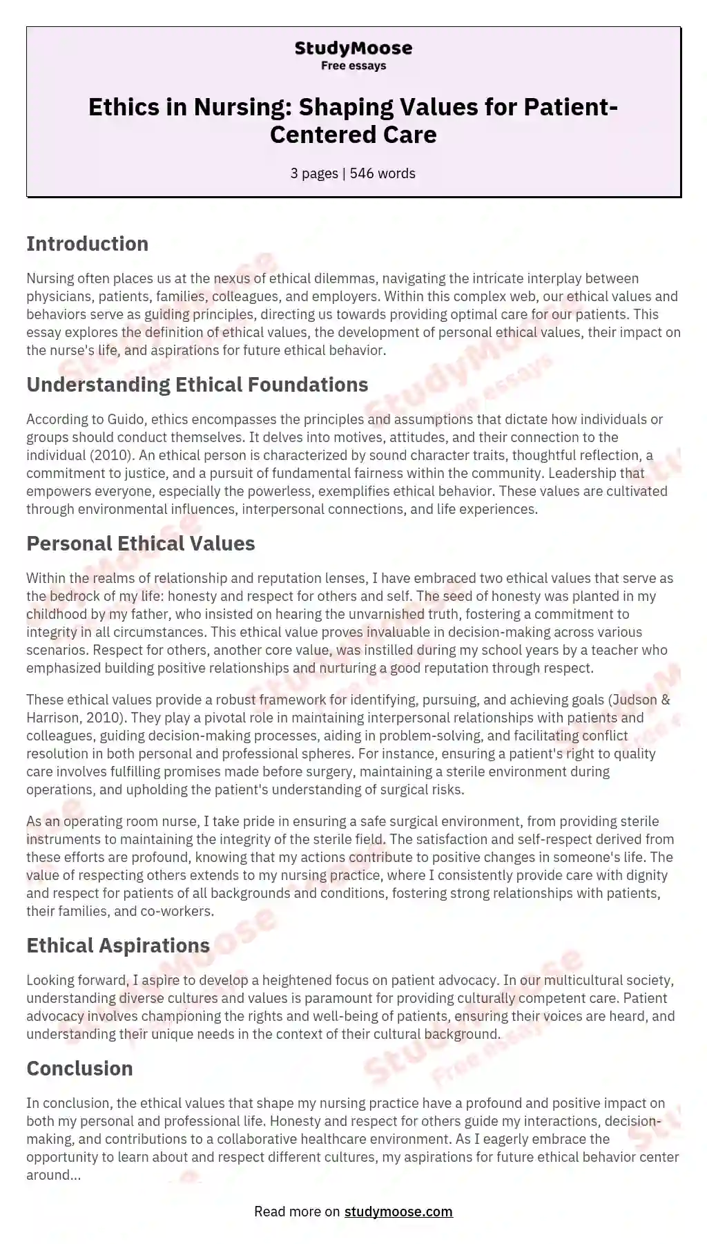 Ethics in Nursing: Shaping Values for Patient-Centered Care essay