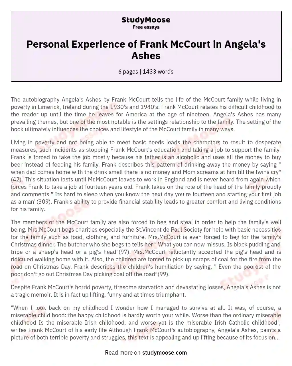 Personal Experience of Frank McCourt in Angela's Ashes