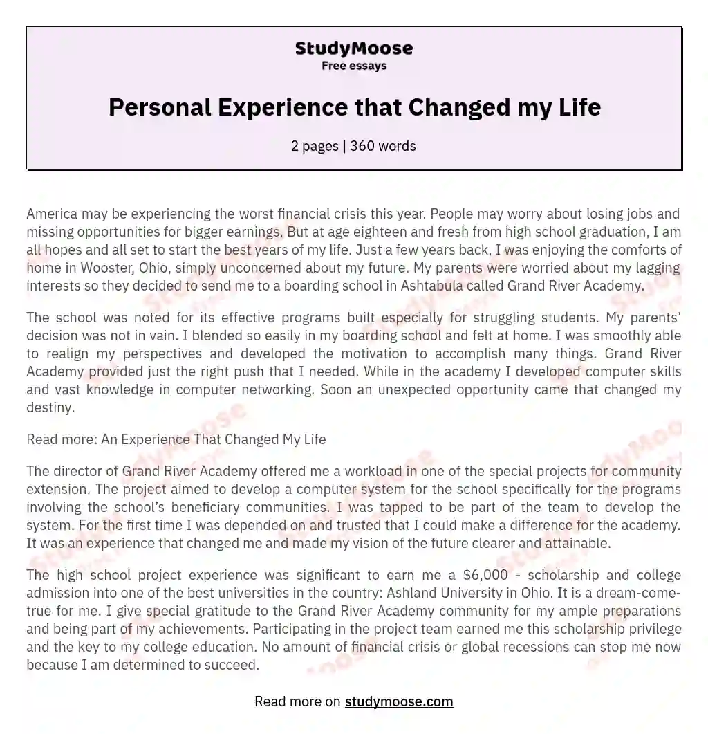  Essay About Experience In Life An Unforgettable Experience In My 
