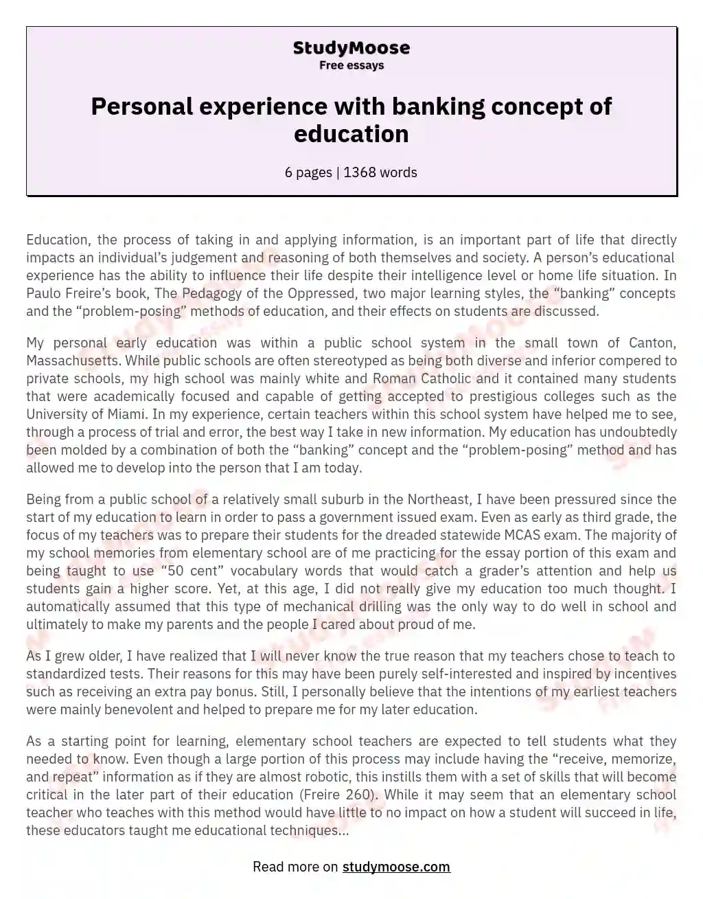 Personal experience with banking concept of education essay