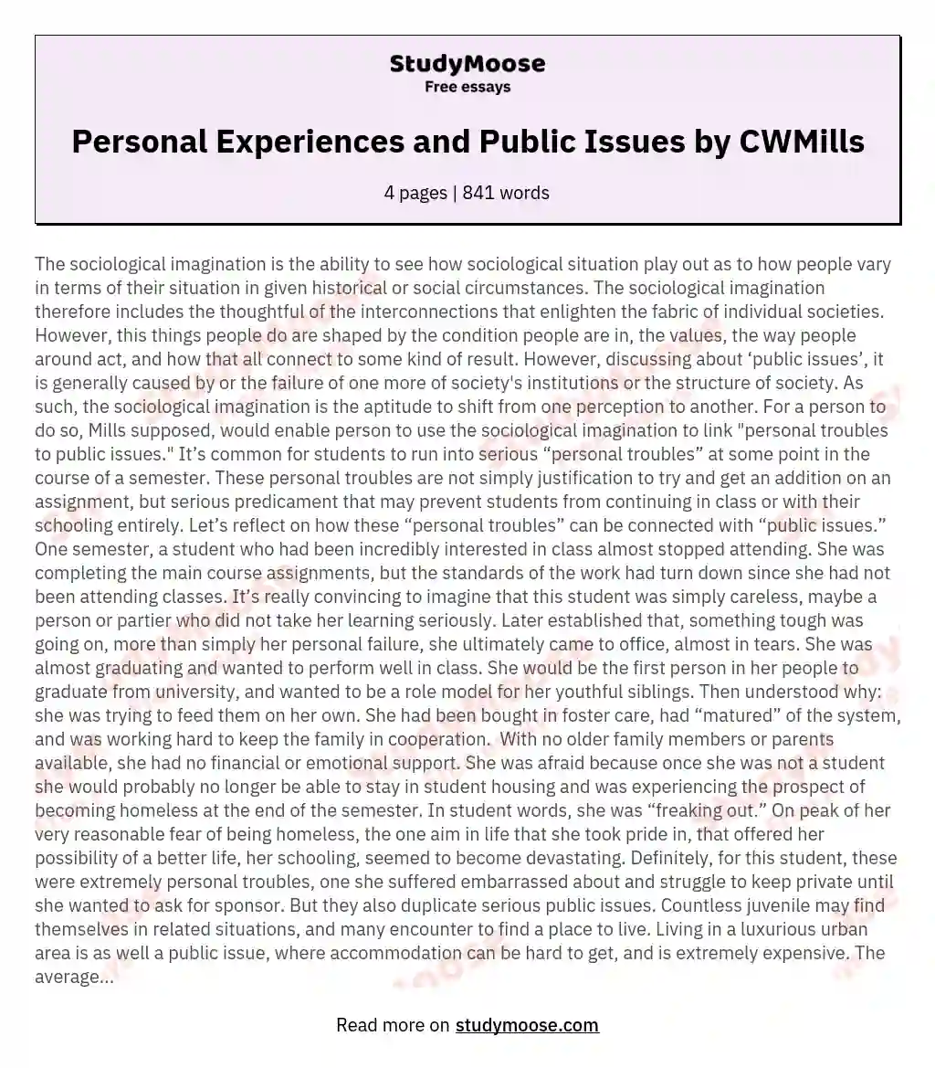 Personal Experiences and Public Issues by CWMills essay