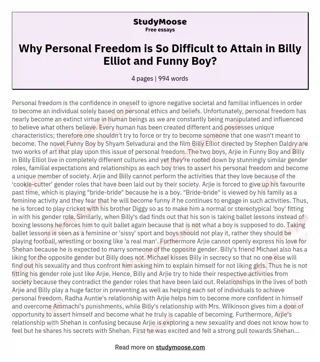 Why Personal Freedom is So Difficult to Attain in Billy Elliot and Funny Boy?