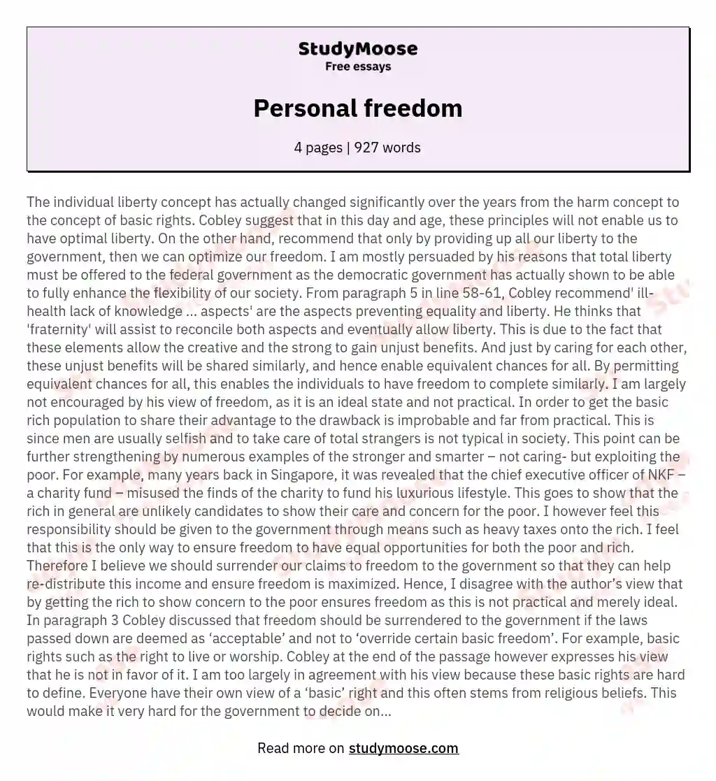 analytical essay about personal freedom