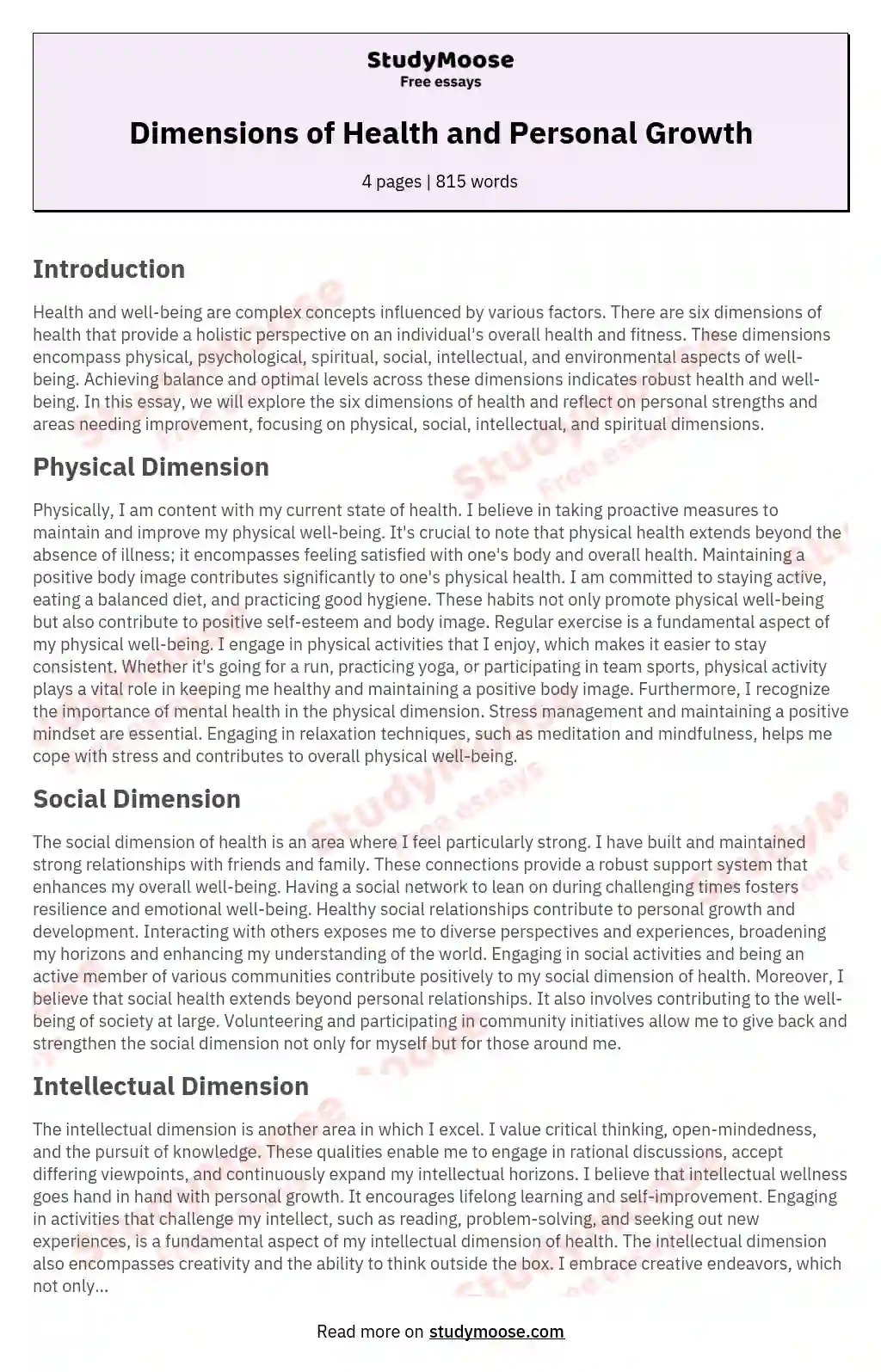 Dimensions of Health and Personal Growth essay