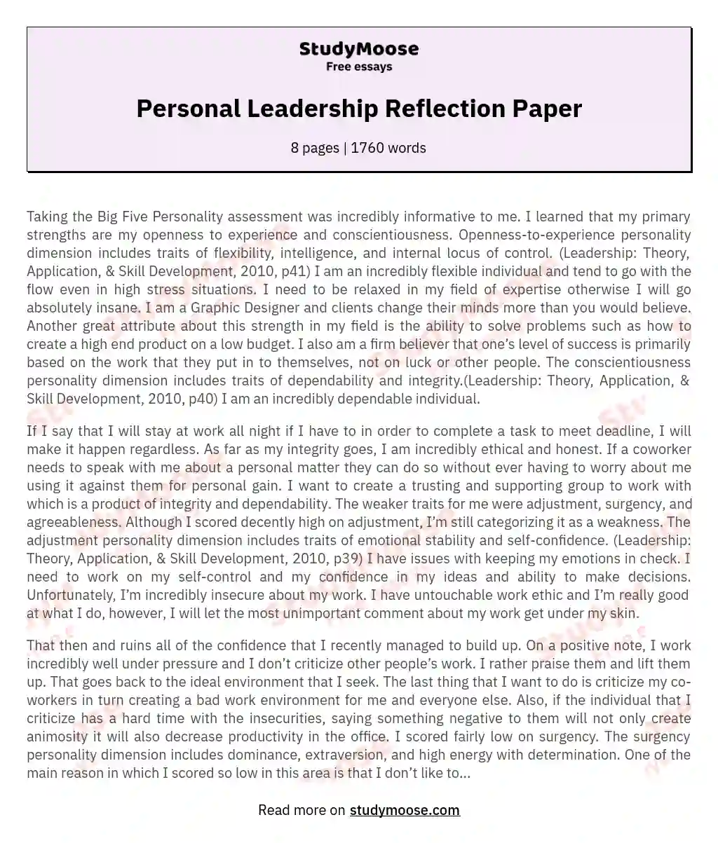 Personal Growth Through Personality Assessment and Leadership Reflection essay