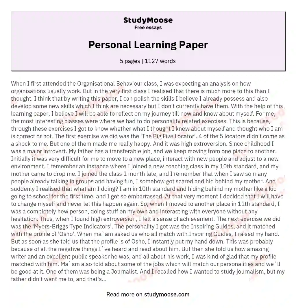 Personal Learning Paper essay