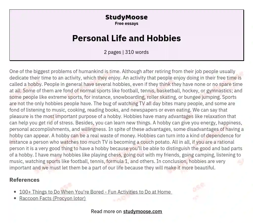 Personal Life and Hobbies essay