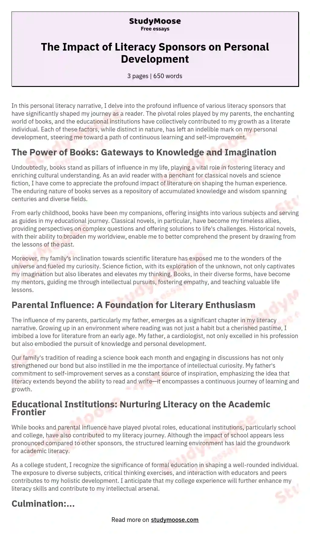 The Impact of Literacy Sponsors on Personal Development essay