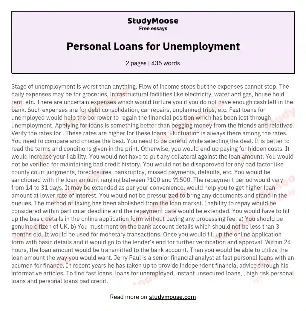 Personal Loans for Unemployment essay