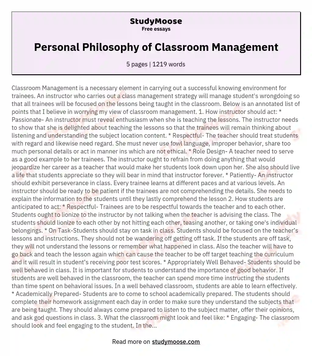 Personal Philosophy of Classroom Management