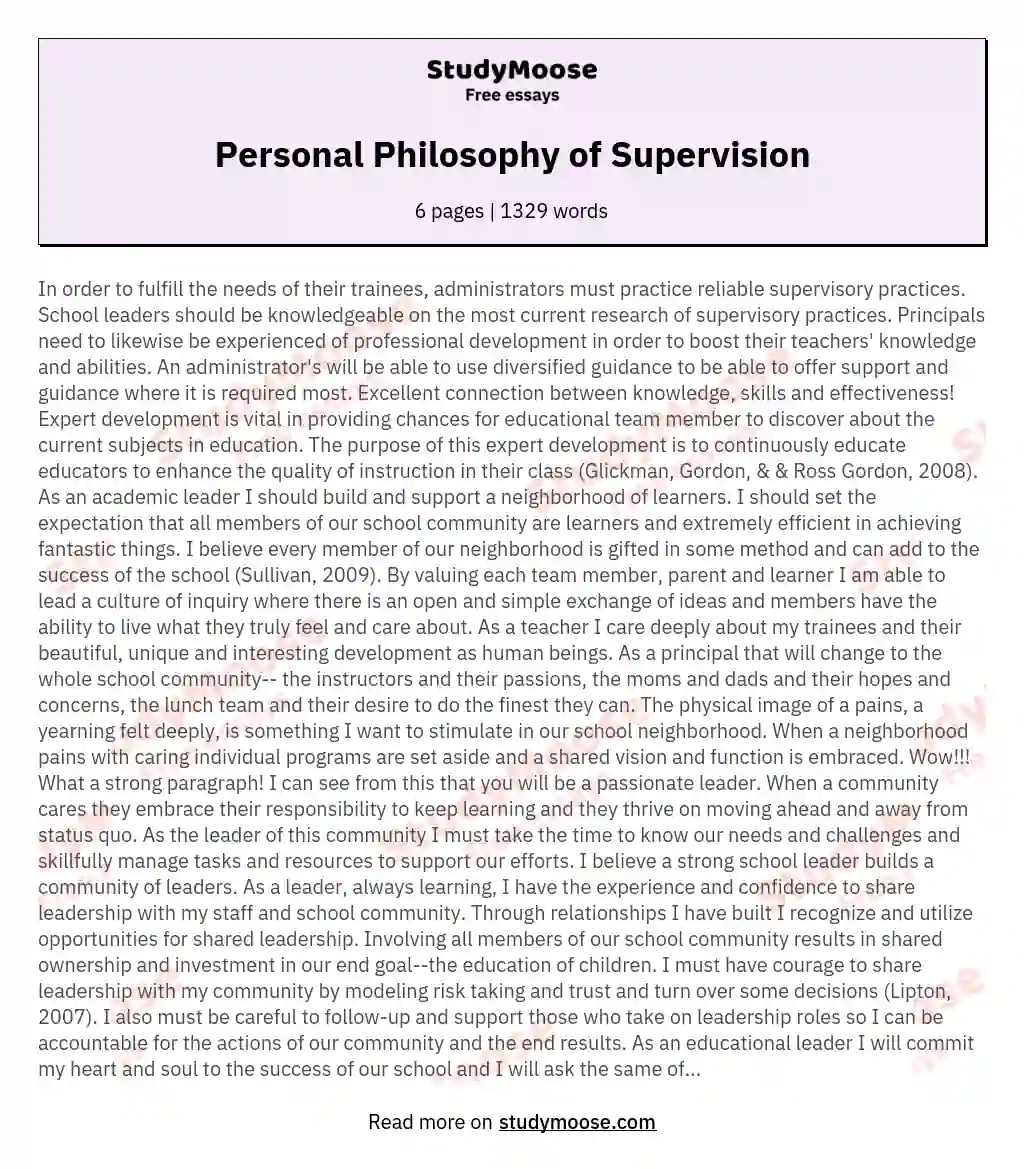 Personal Philosophy of Supervision