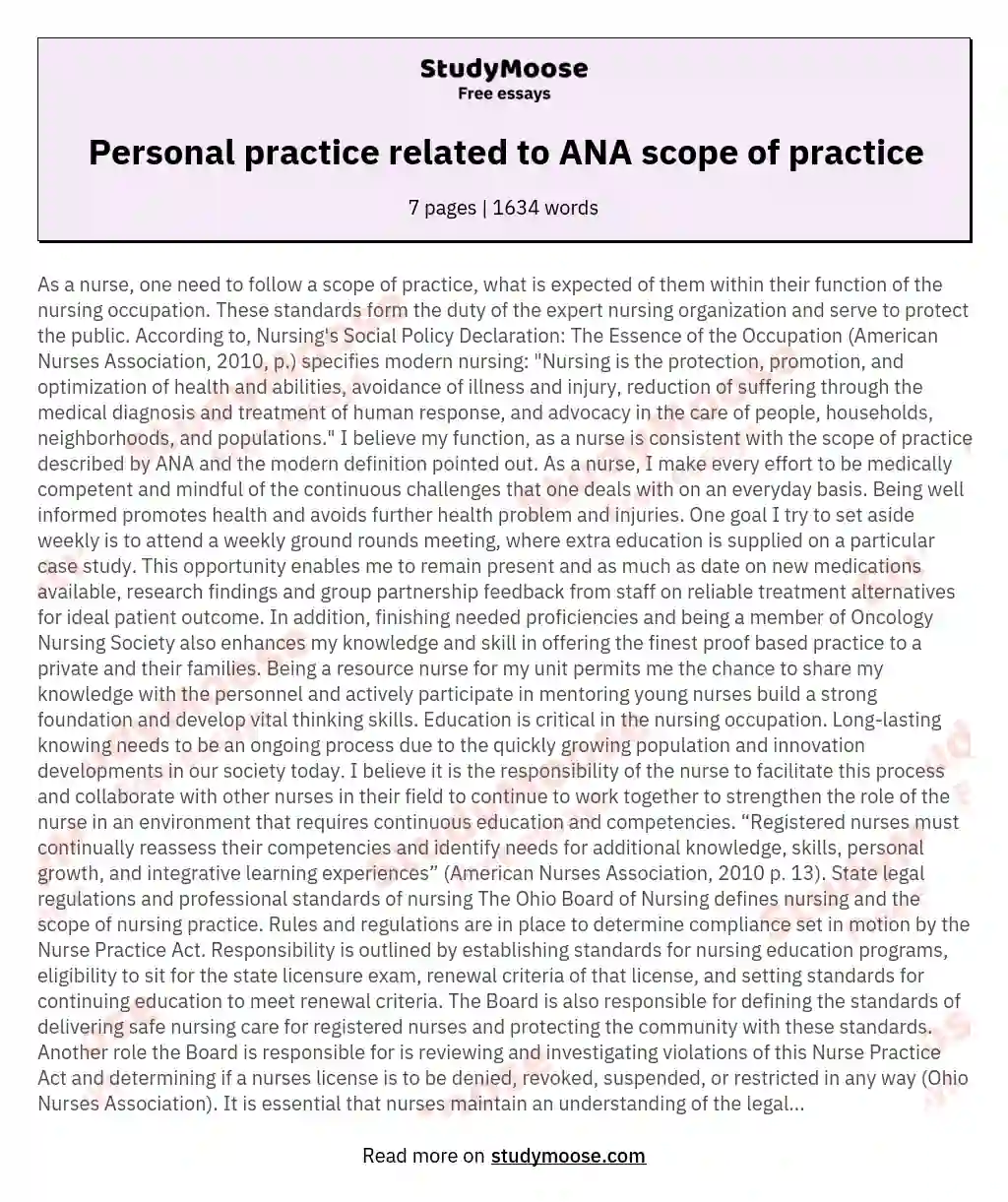 Personal practice related to ANA scope of practice