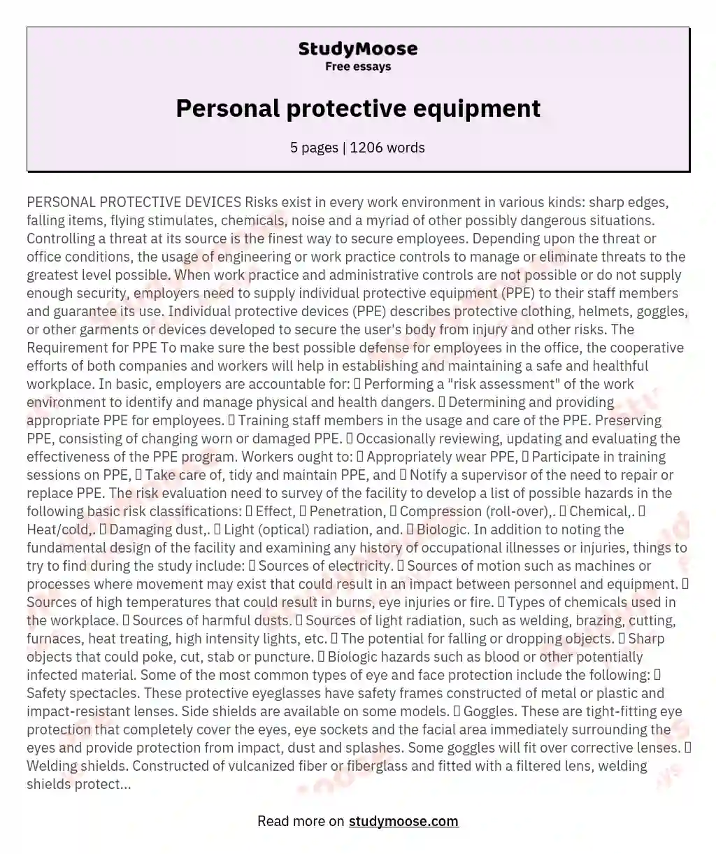 Personal protective equipment essay