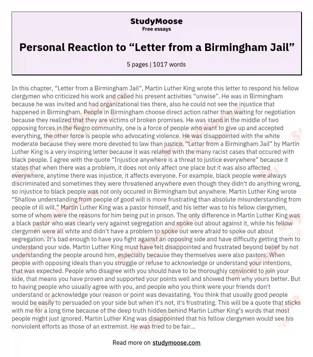 Personal Reaction to “Letter from a Birmingham Jail” essay