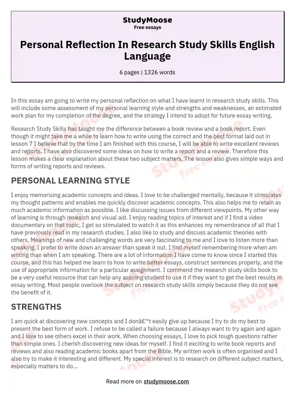 Personal Reflection In Research Study Skills English Language