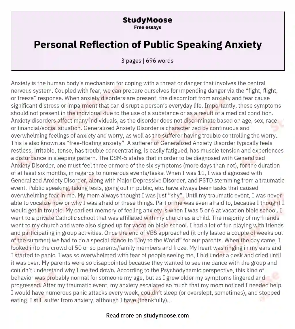 Personal Reflection of Public Speaking Anxiety essay