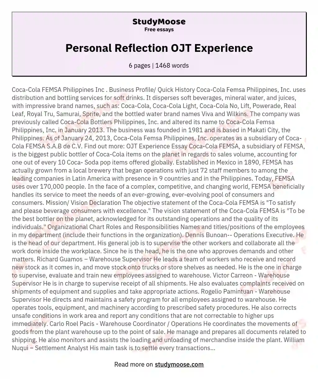 Personal Reflection OJT Experience essay