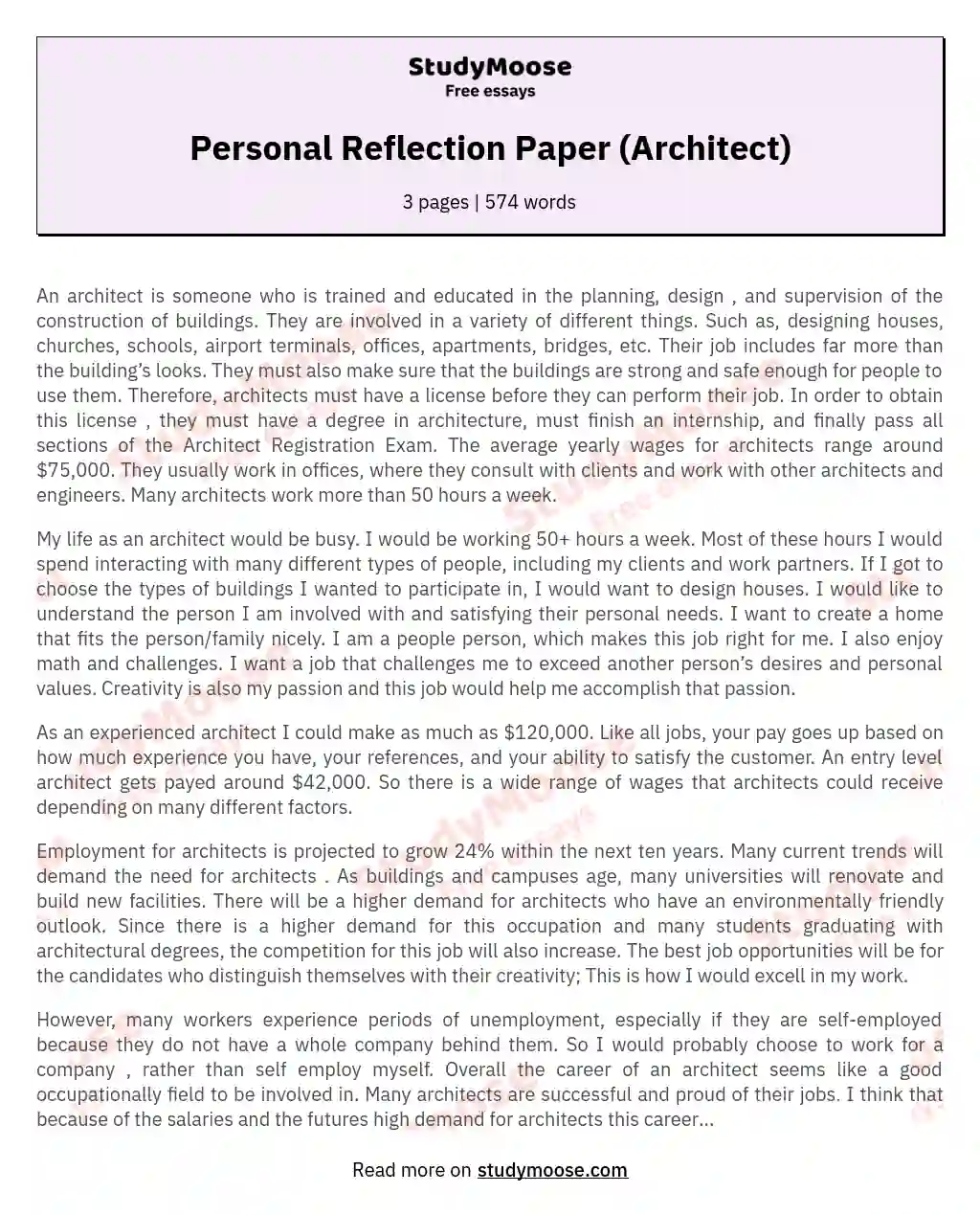Personal Reflection Paper (Architect) essay