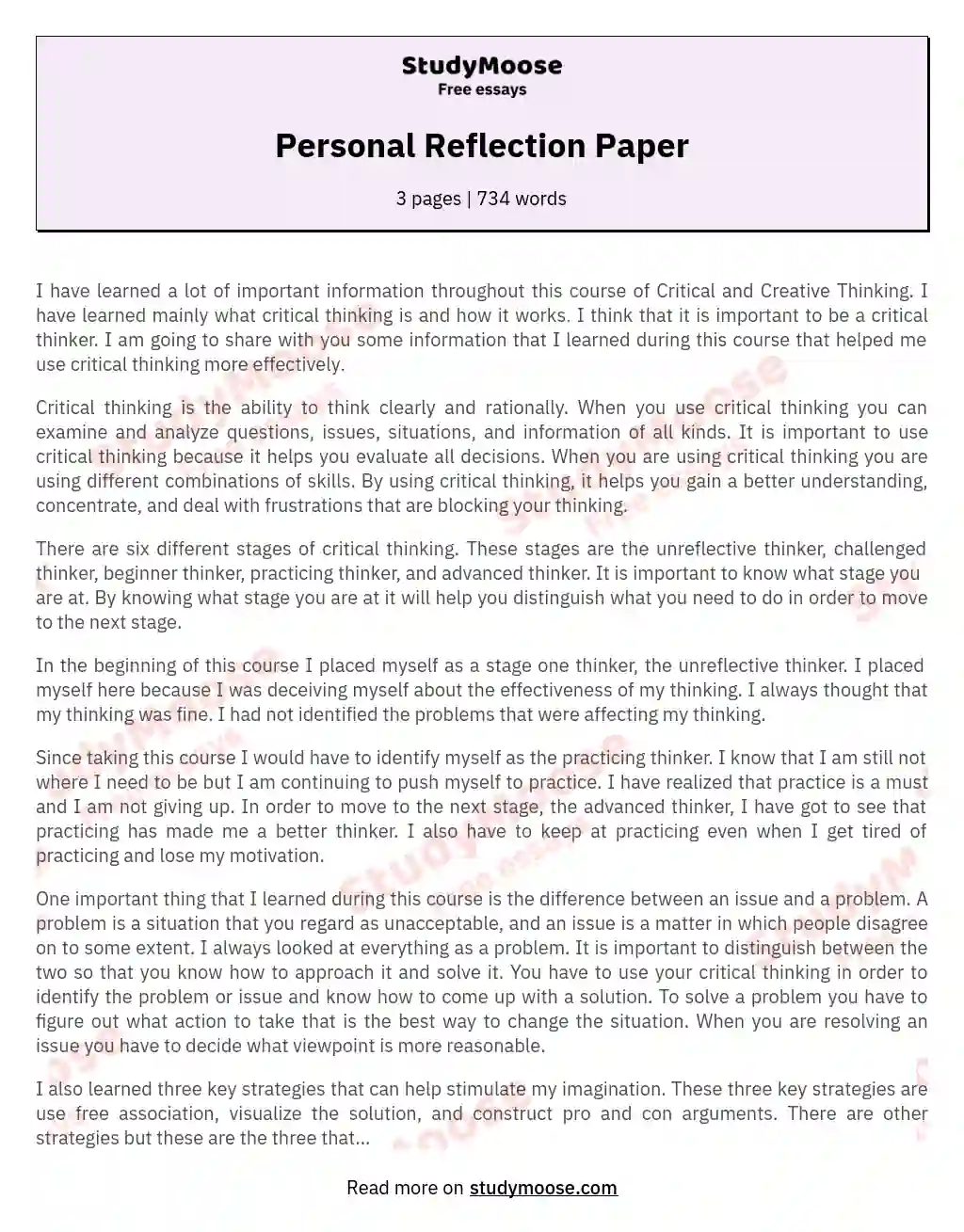 Personal Reflection Paper essay