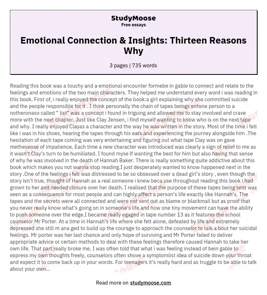 Emotional Connection & Insights: Thirteen Reasons Why essay