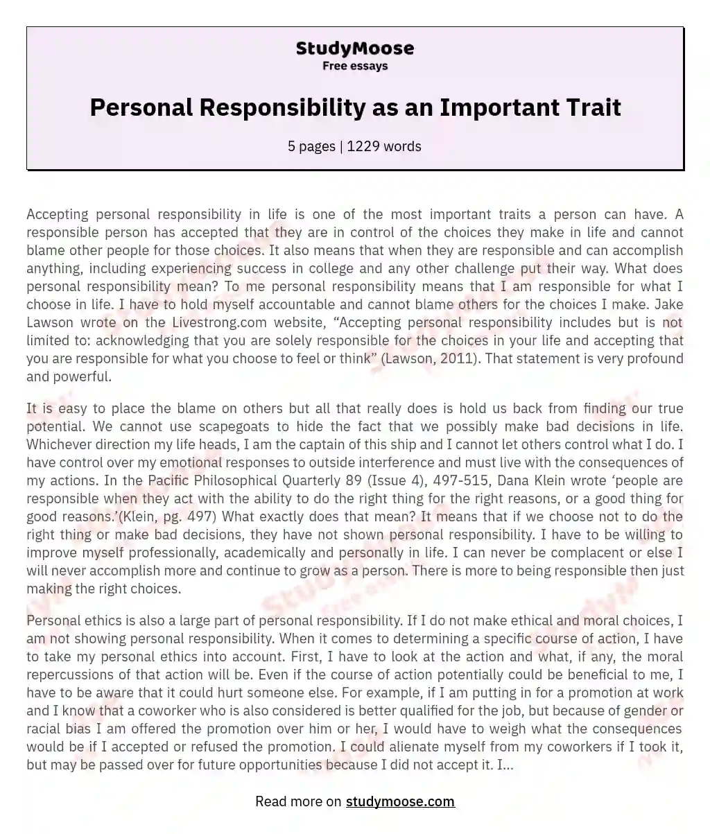 Personal Responsibility as an Important Trait essay