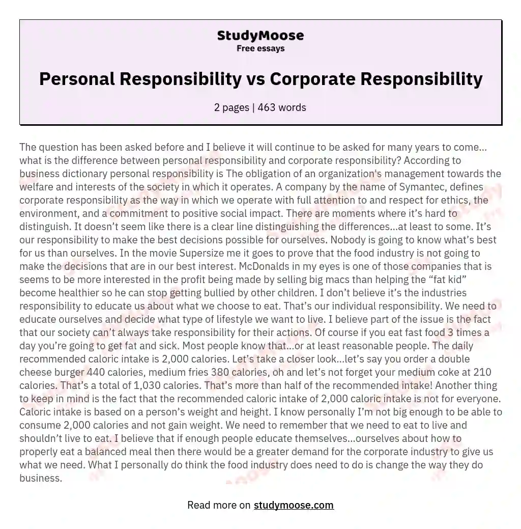 Personal Responsibility vs Corporate Responsibility