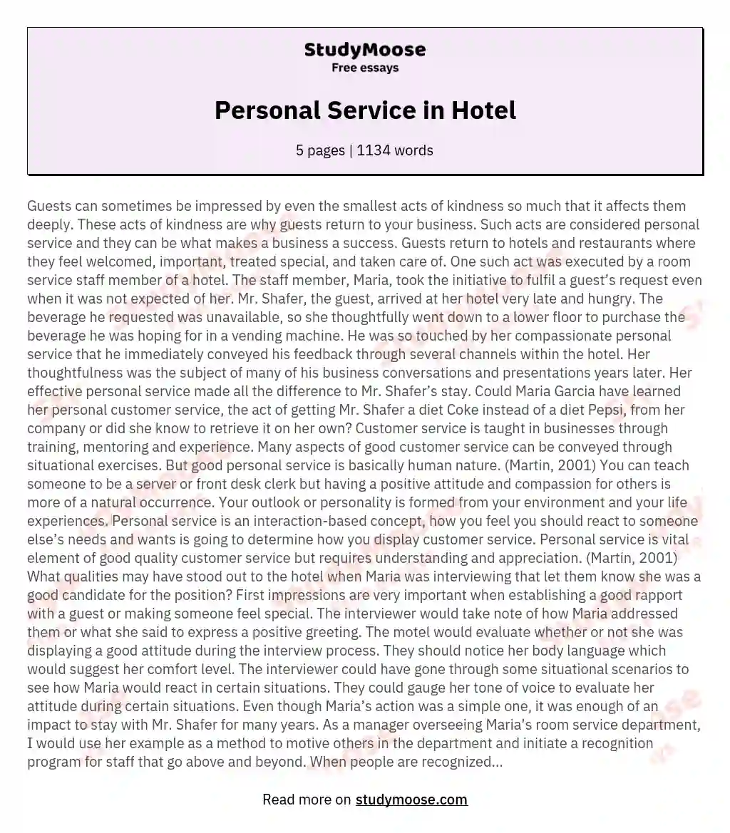 Personal Service in Hotel essay