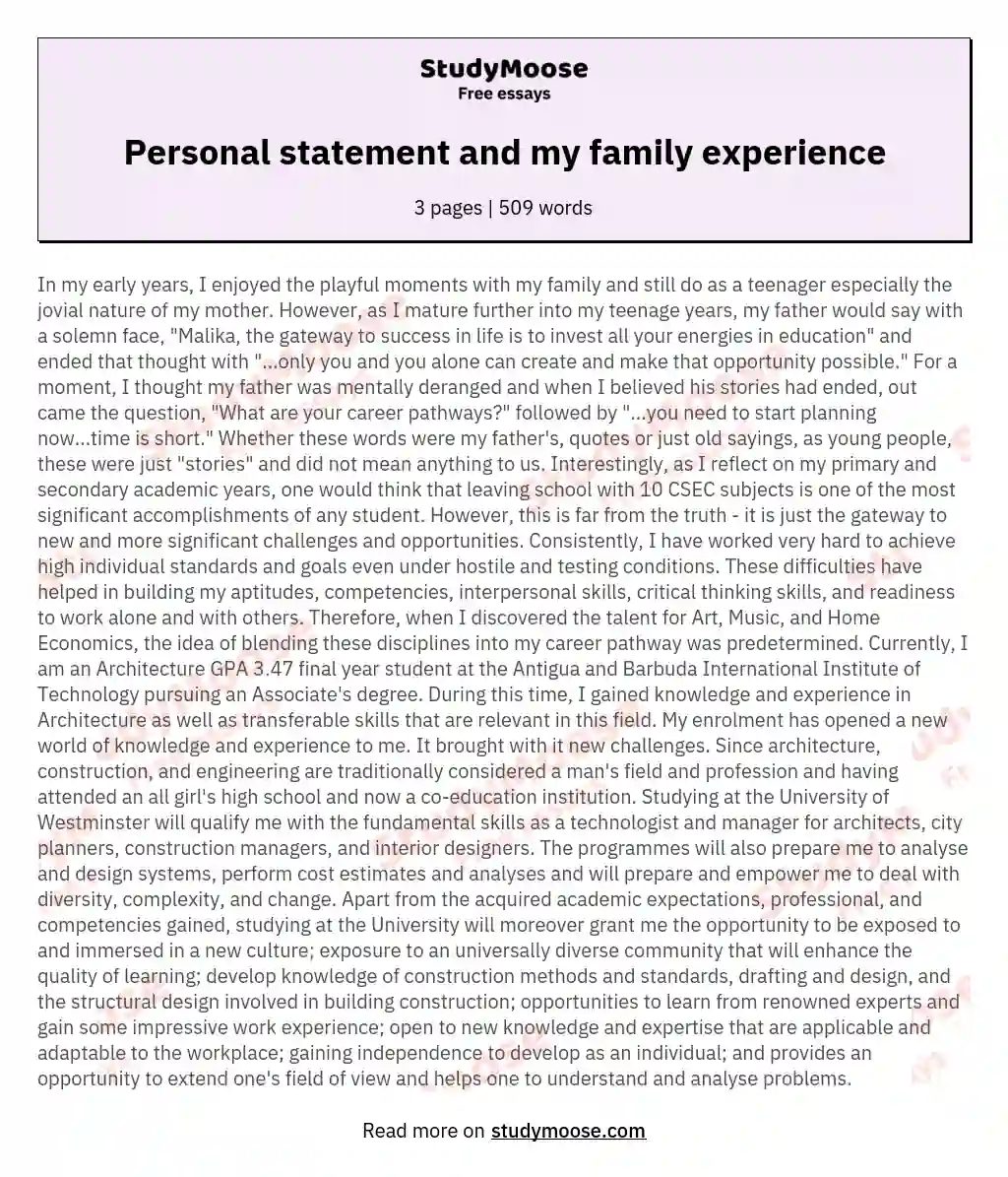 Personal statement and my family experience essay
