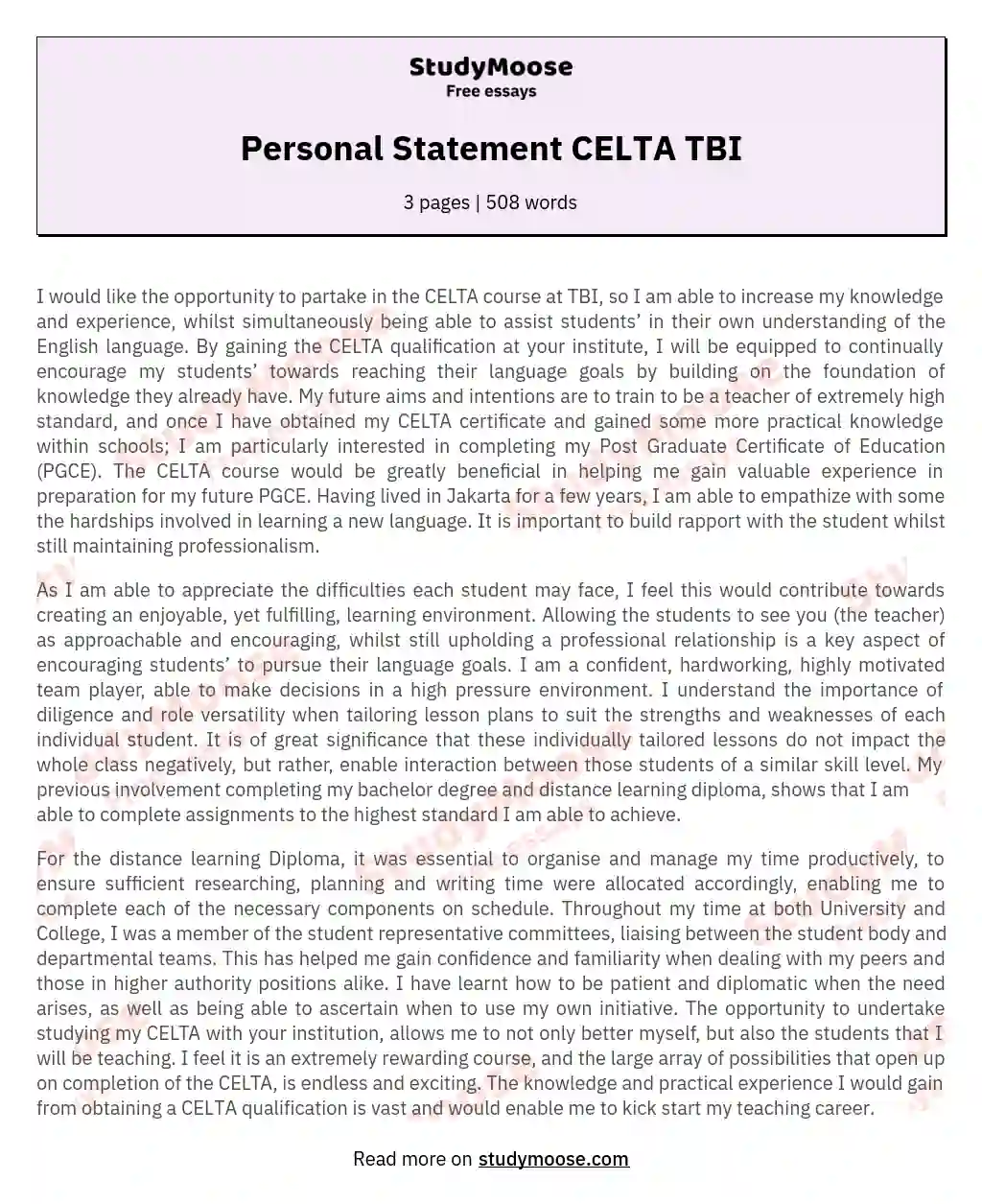 Personal Statement CELTA TBI essay