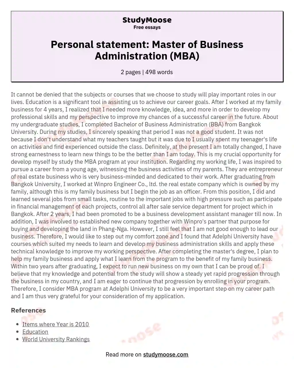 Personal statement: Master of Business Administration (MBA)