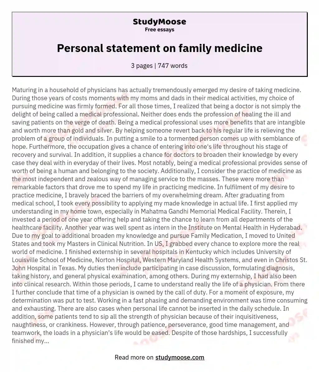 Personal statement on family medicine essay
