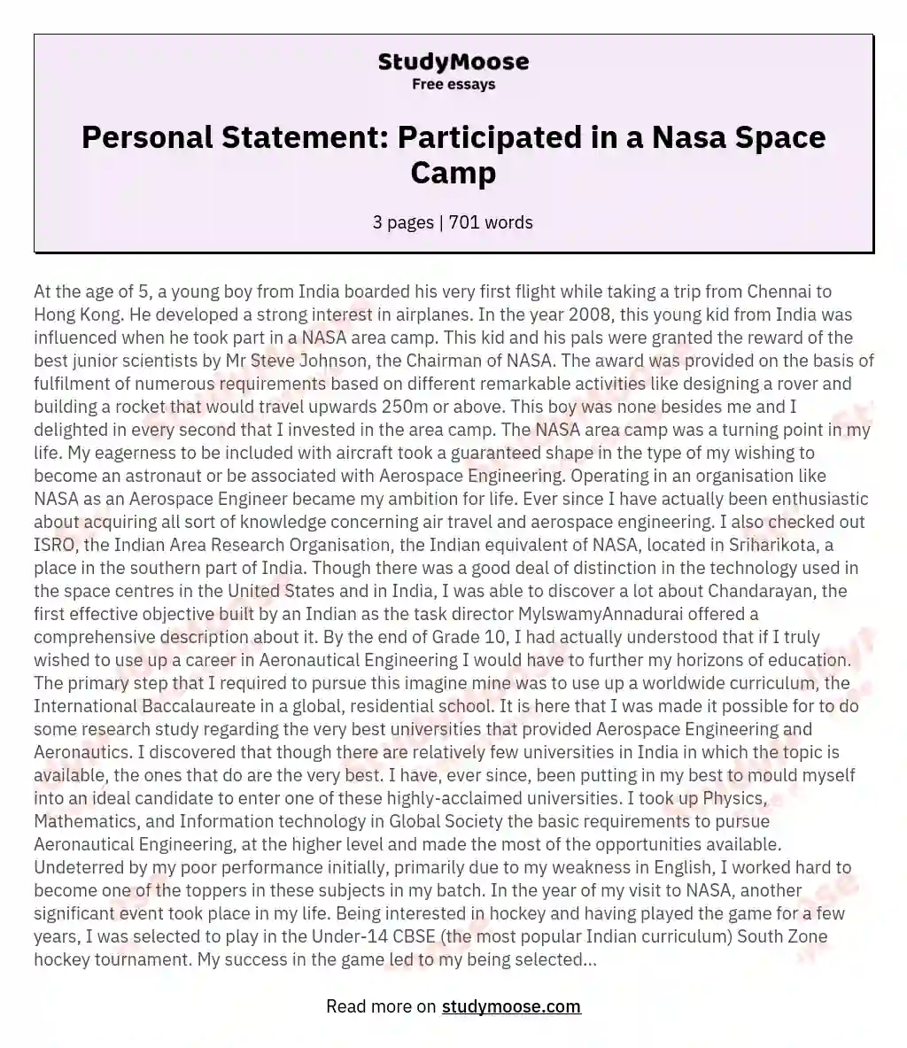 Personal Statement: Participated in a Nasa Space Camp essay