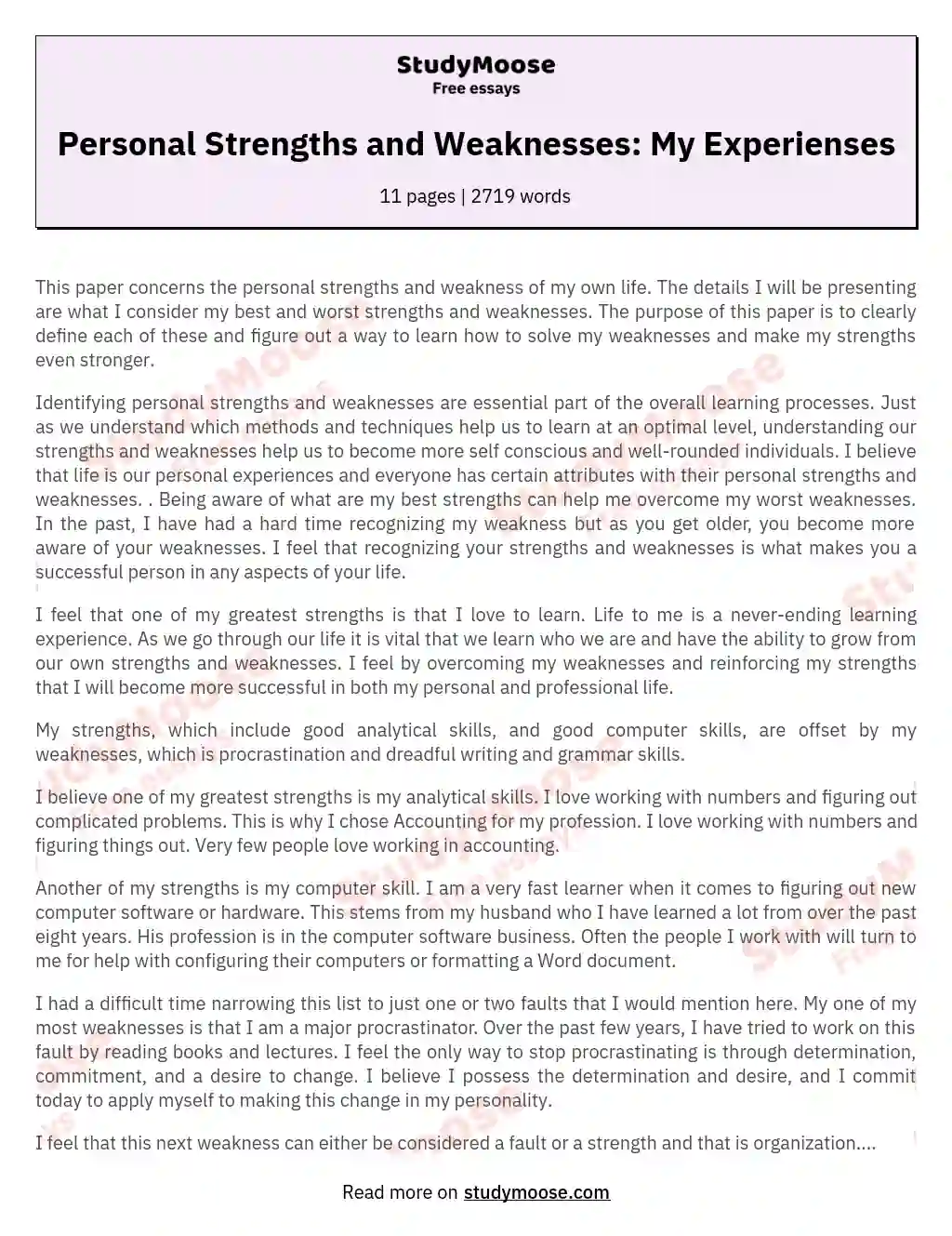 Personal Strengths and Weaknesses: My Experienses essay
