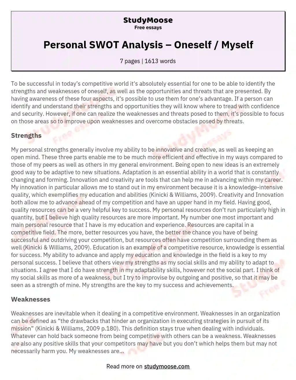 Personal SWOT Analysis – Oneself / Myself