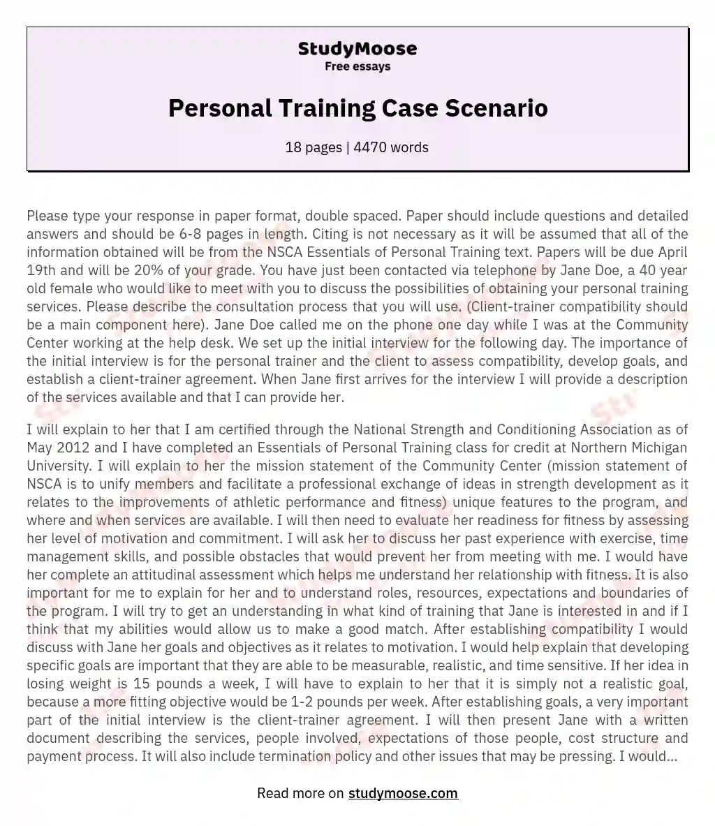 Personal Training Case Scenario essay