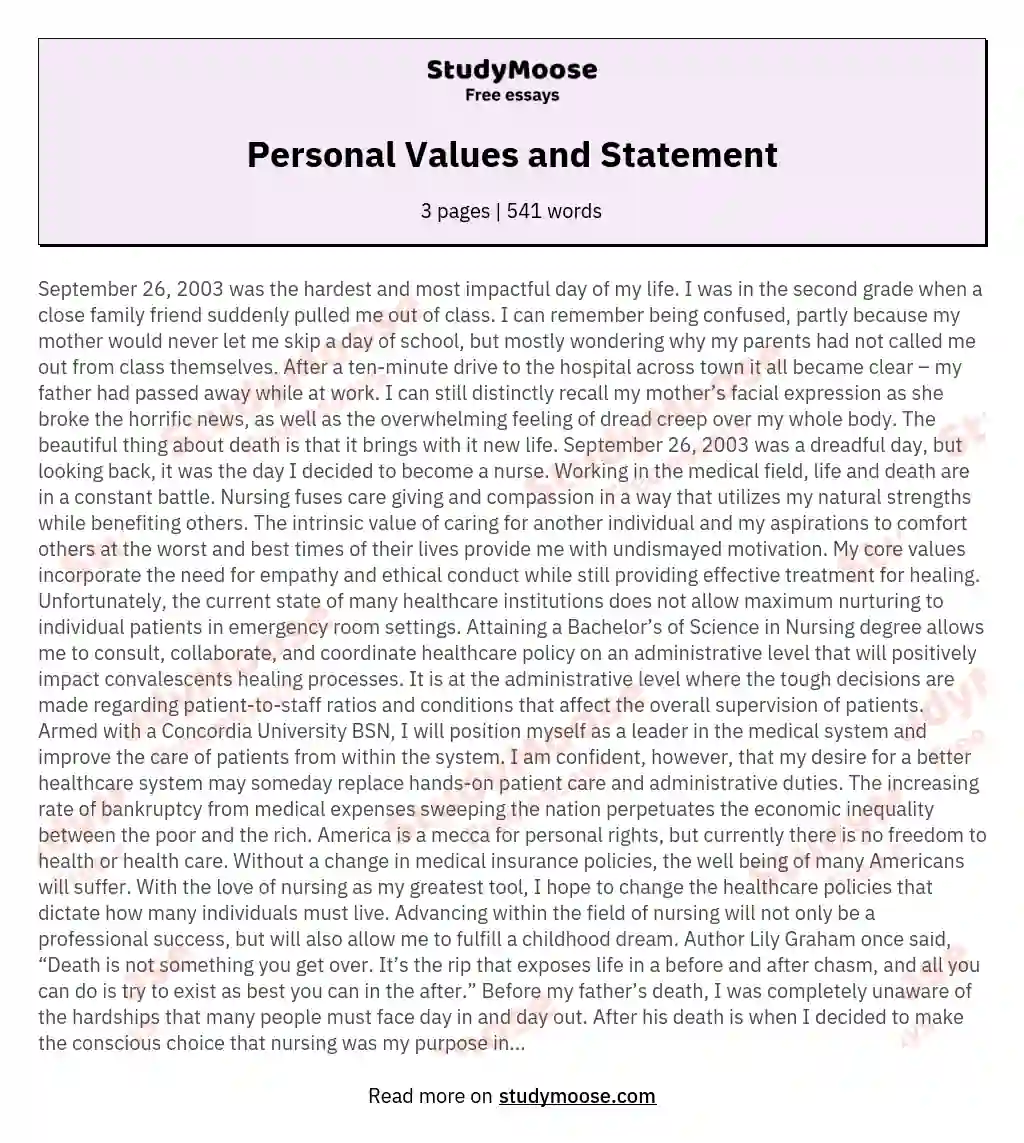 Personal Values and Statement essay