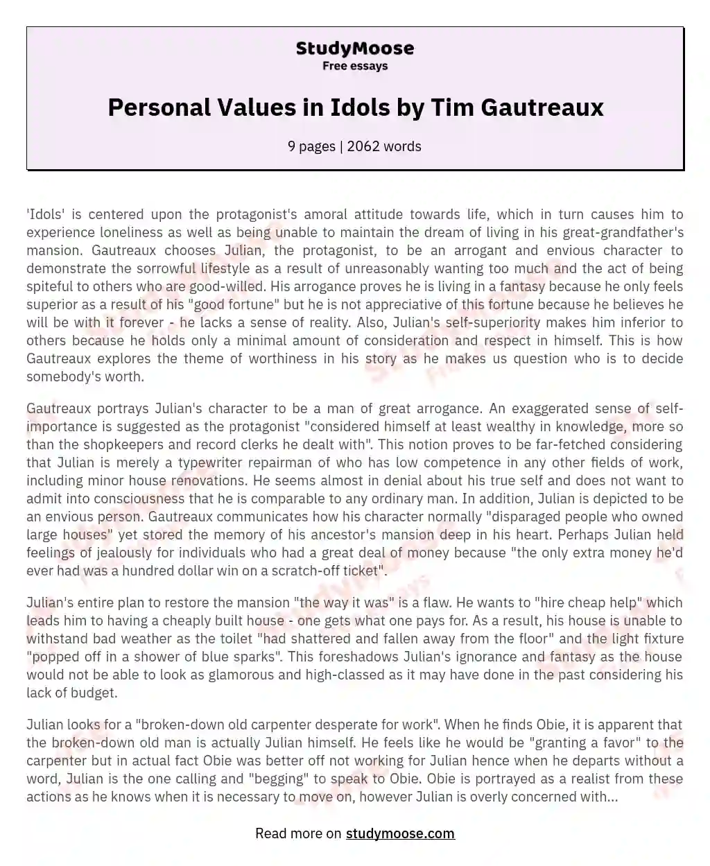 Personal Values in Idols by Tim Gautreaux essay