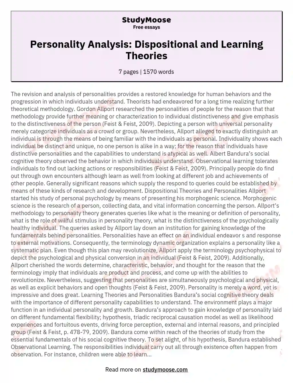 Personality Analysis: Dispositional and Learning Theories essay