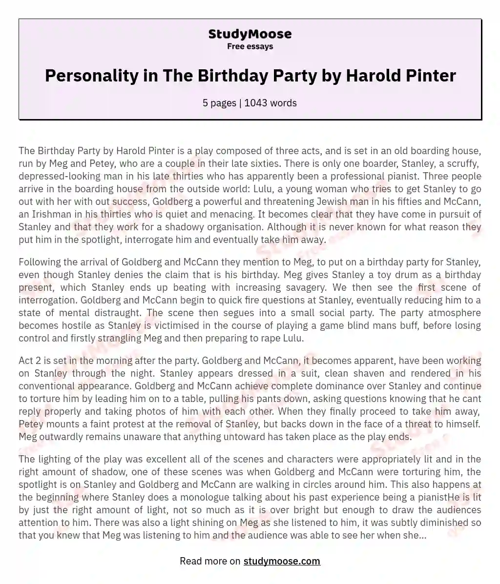 Personality in The Birthday Party by Harold Pinter