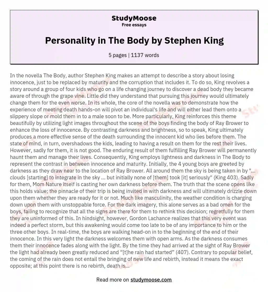 Personality in The Body by Stephen King essay