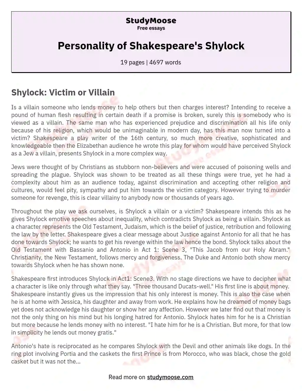 Personality of Shakespeare's Shylock essay