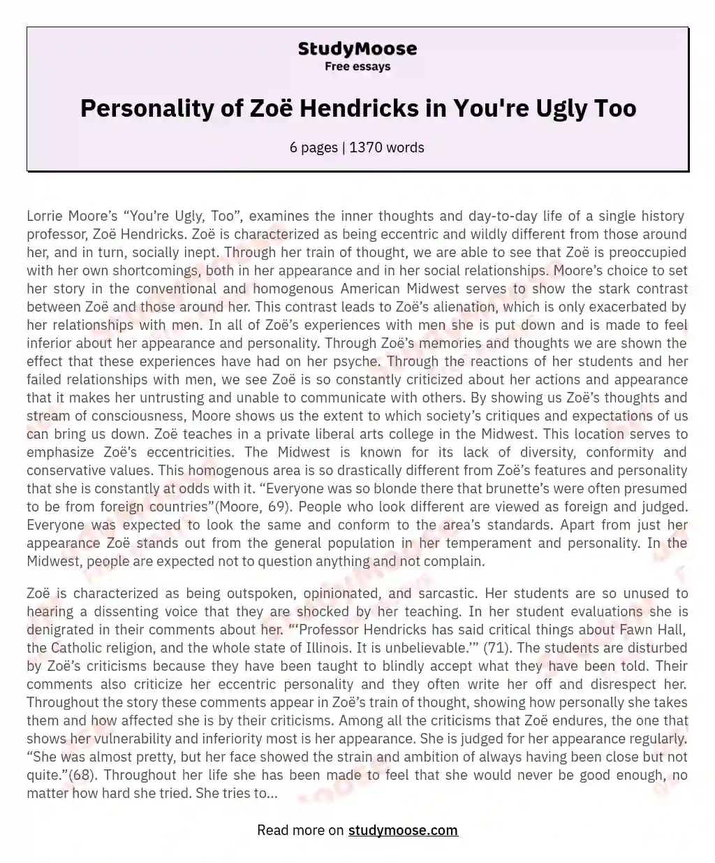 Personality of Zoë Hendricks in You're Ugly Too essay