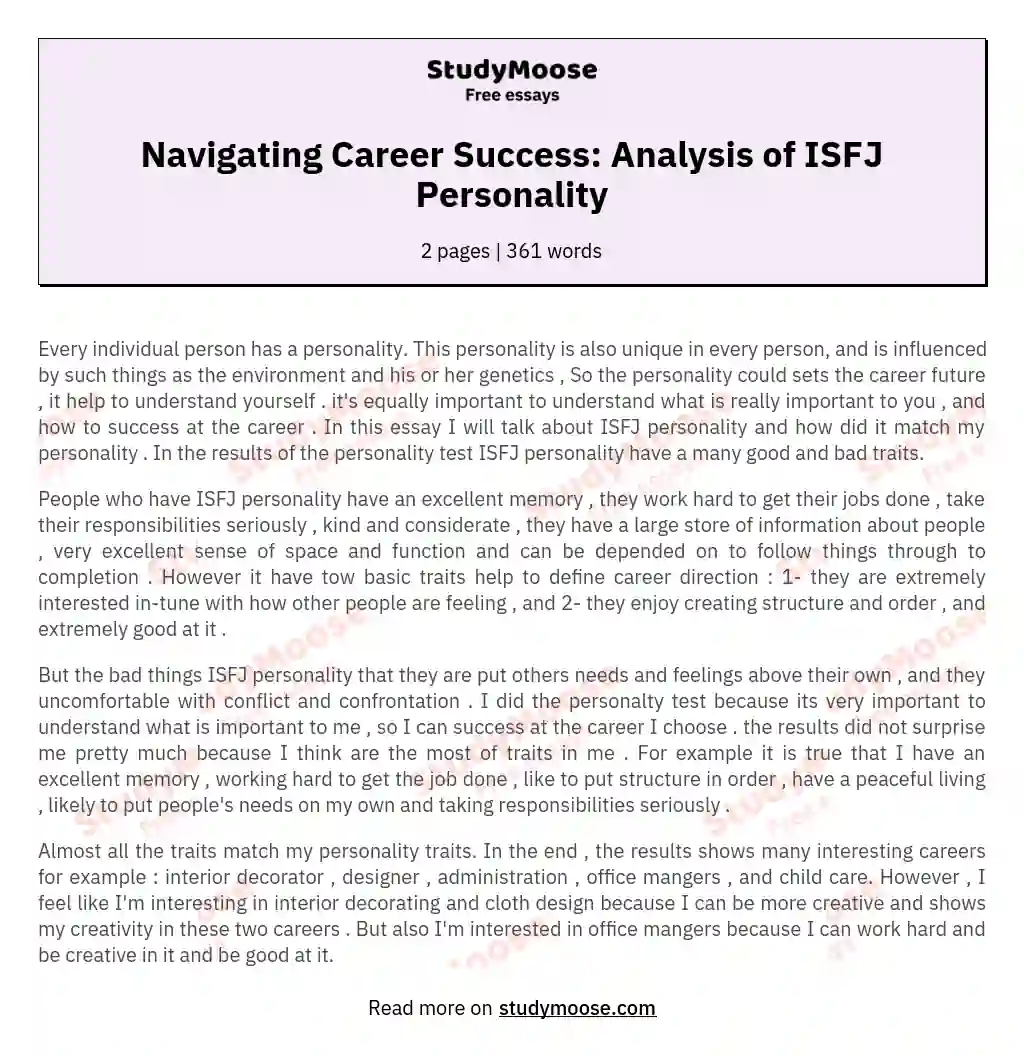Navigating Career Success: Analysis of ISFJ Personality essay