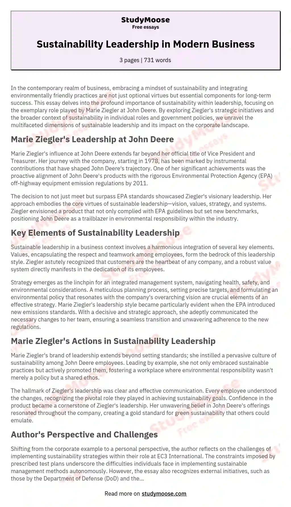 Sustainability Leadership in Modern Business essay