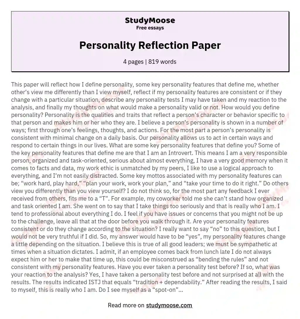 Personality Reflection Paper essay