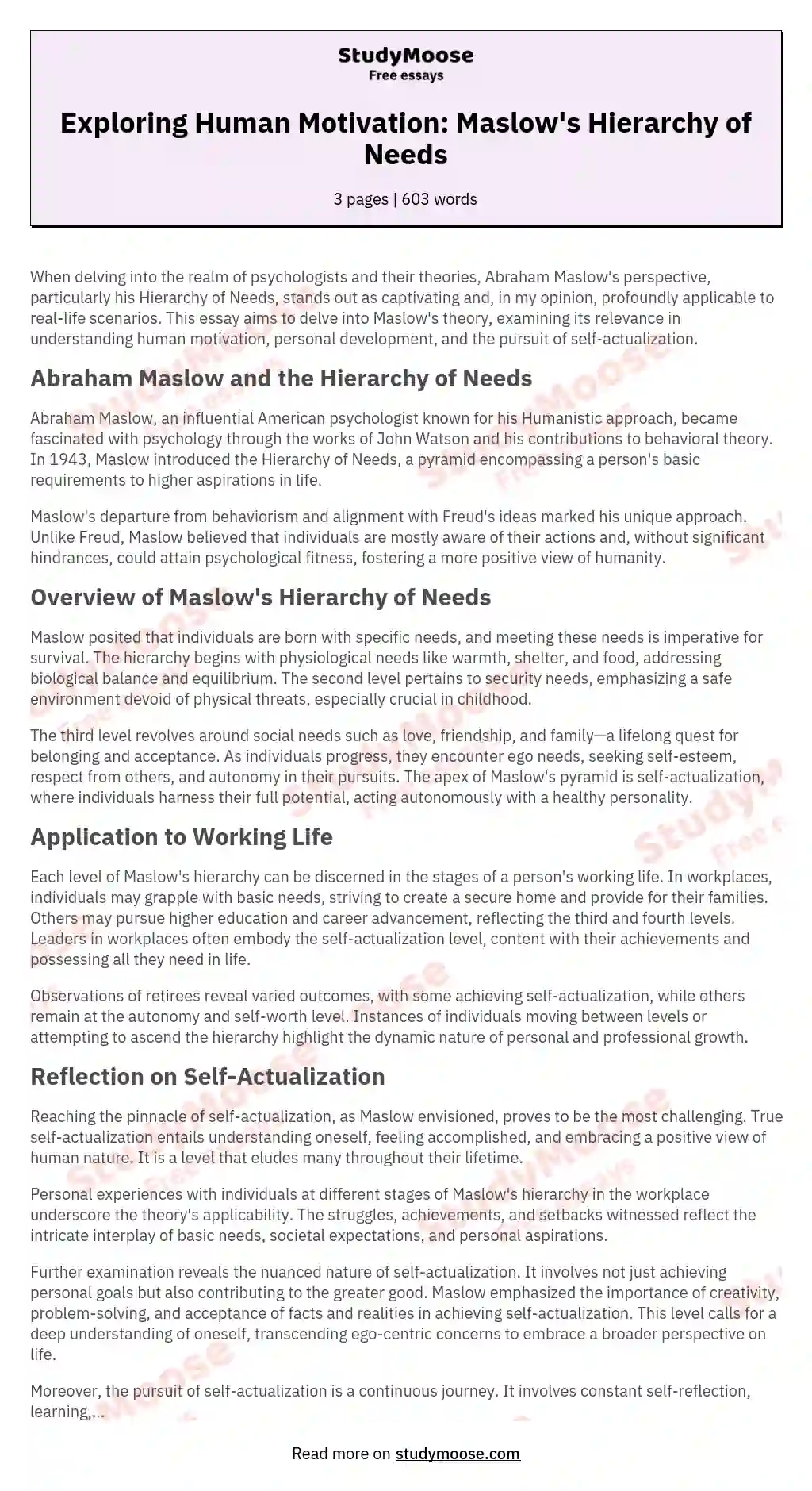 Maslow's Hierarchy of Needs: Understanding Human Motivation essay