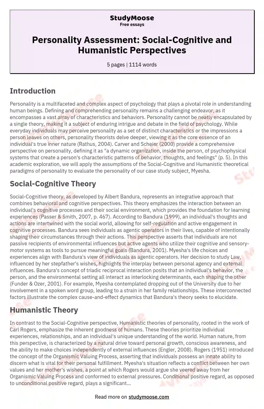 Personality Assessment: Social-Cognitive and Humanistic Perspectives essay