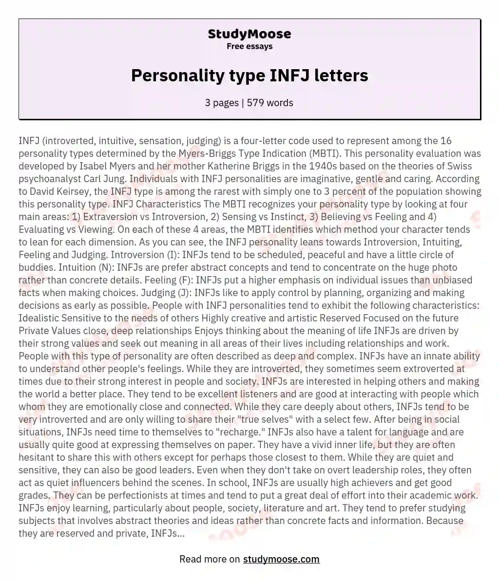 Personality type INFJ letters essay