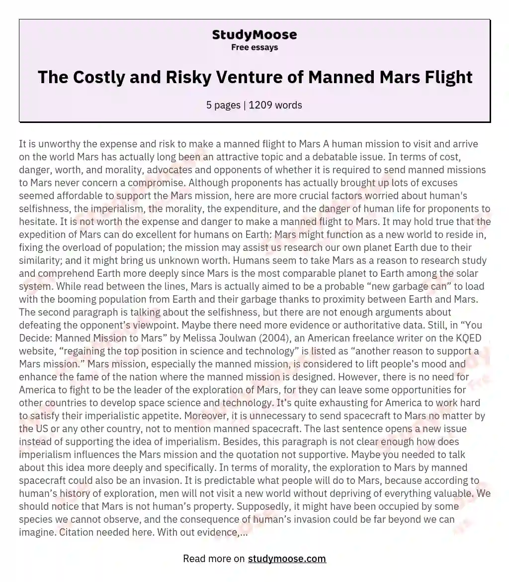 The Costly and Risky Venture of Manned Mars Flight